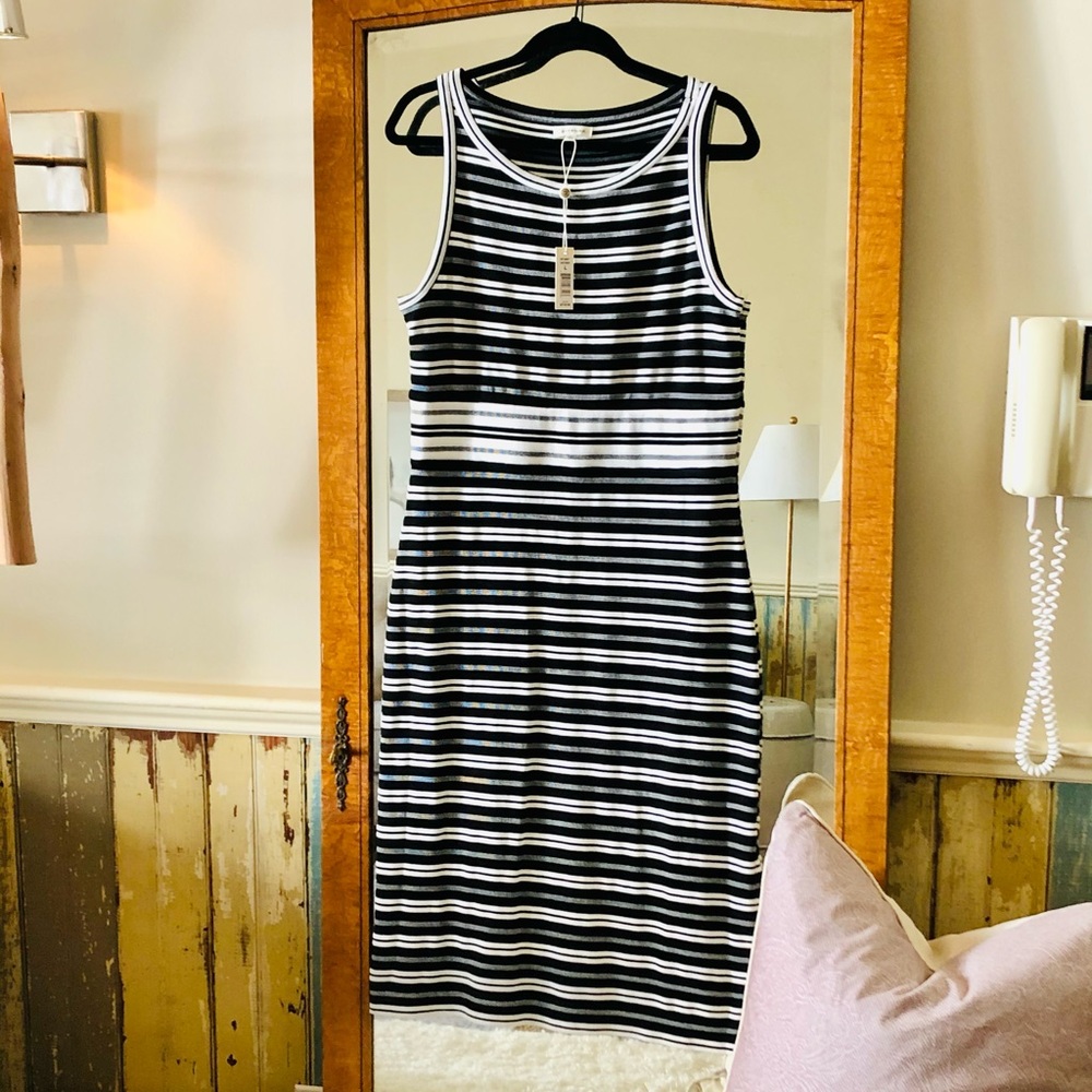 Max Studio striped T-shirt dress with side slit.